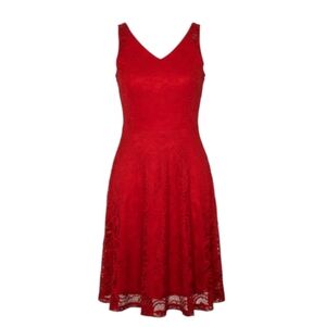 Dressystar Red Lace Overlay Fit Flare Dress Sleeveless Cocktail Holiday Elegant